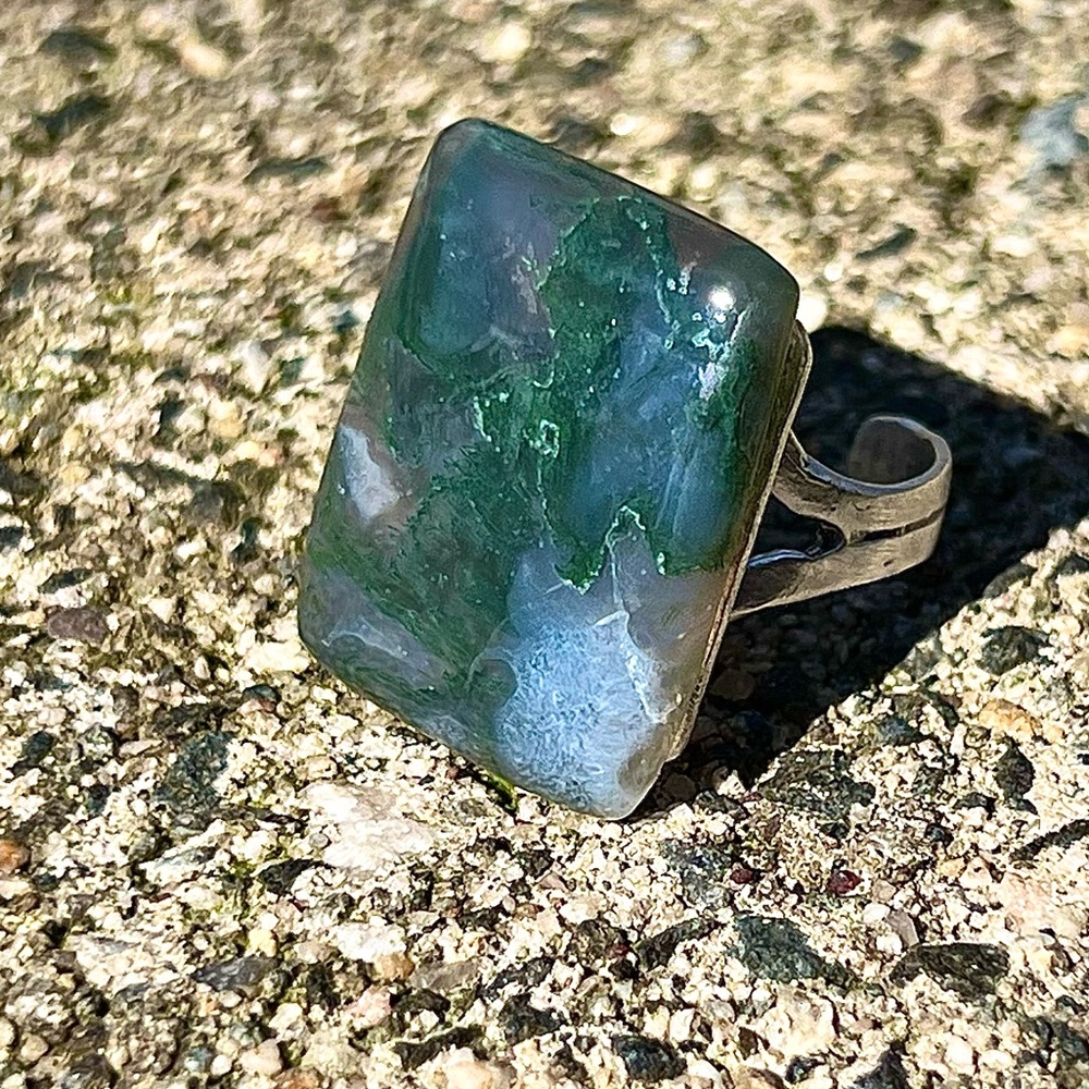 Moss Agate Crystal Adjustable Ring - Handmade by Wandering Bunny LLC